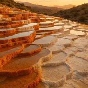 Badab-e Surt Terraced Travertine Pools at Golden Hour