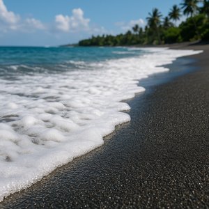 Bali Black Sand Shoreline — Foamy Tide in Bright Tropical Daylight