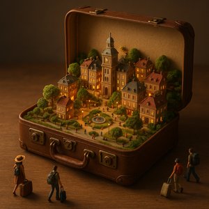 Carried City: A Suitcase Village at Dusk