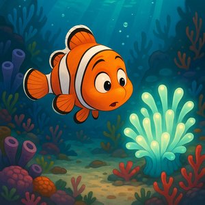 Curious Clownfish Exploring a Glowing Reef