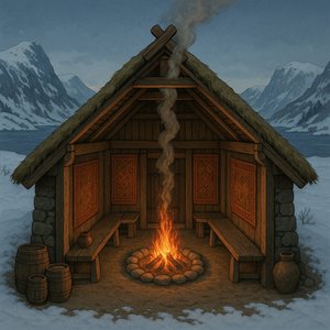 Mặt cắt nhà dài Viking bên bờ vịnh hẹp phủ tuyết