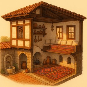 Mặt cắt ngôi nhà làng Anatolia thời Ottoman, buổi chiều ấm áp