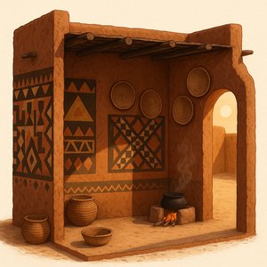 Vue en coupe : pièce d'un ensemble en briques de terre du Sahel au crépuscule
