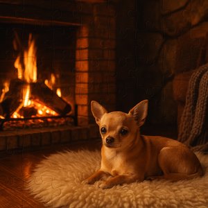 Firelight Comfort: Chihuahua on a Fluffy Rug