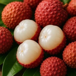 Lichis pelados y brillantes sobre hojas tropicales