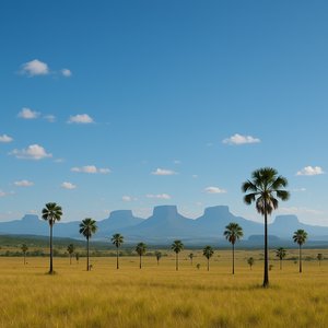Gran Sabana Afternoon: Palms and Tepui Silhouettes