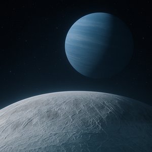 Icy Moon Beneath a Distant Blue Giant
