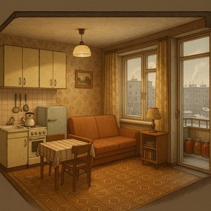 Khrushchyovka — Corte interior: cocina-salón en una tarde invernal