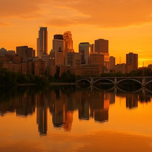 Minneapolis-Skyline bei Sonnenuntergang am Mississippi