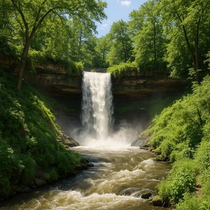 Minnehaha Falls en verano - cascada en parque urbano