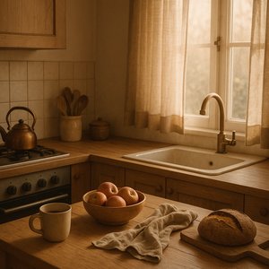 Morning Light in a Cozy Wooden Kitchen