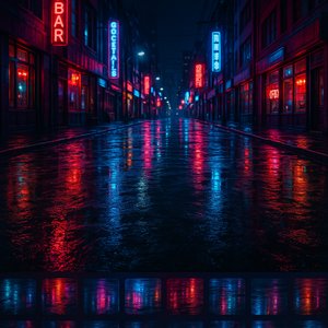 Neonregen — Leere Stadtstraße bei Nacht