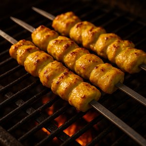 Photorealistic Joojeh Kebab — Saffron-Marinated Chicken Skewers on the Grill