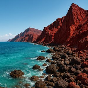 Red Cliffs of Hormuz: Turquoise Coastline at Noon