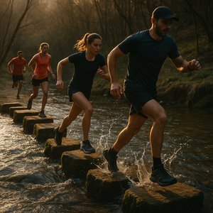 Runners Crossing Stepping Stones at Dusk