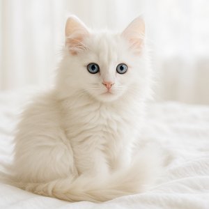 Snow-White Turkish Angora Kitten with Fluffy Tail