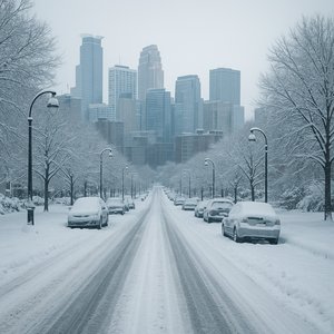 Schneebedeckte Avenue zur Minneapolis‑Skyline
