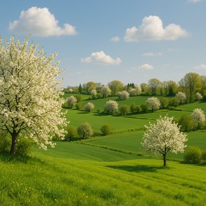 Springtime Blooms over Danish Rolling Fields