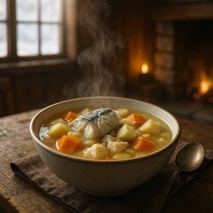 Steaming Greenland Fish Soup with Root Vegetables — Winter Hearth Comfort