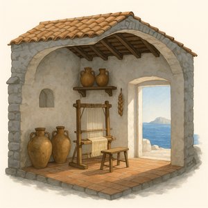 Sonnendurchfluteter Querschnitt eines Steinhauses auf einer griechischen Insel
