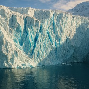 Frente de Glaciar da Groenlândia Iluminada pelo Sol com Fendas Azuis Profundas