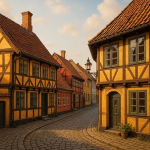 Sunlit Half-Timbered Street in Odense