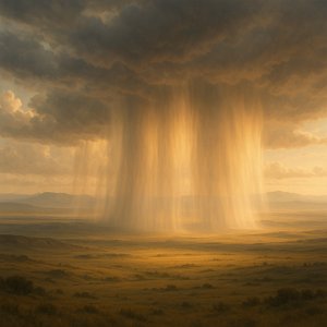 Sonnendurchflutete Regenschleier über den Ebenen