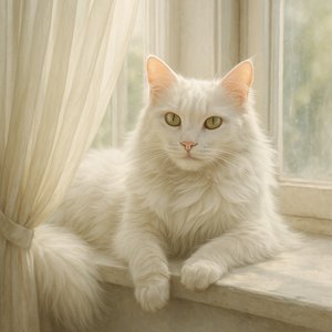 Sunlit Turkish Angora on a Windowsill