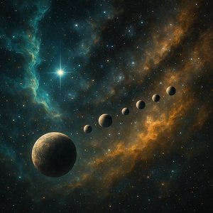 Turquesa e Âmbar: Mundos Alinhados em uma Nebulosa