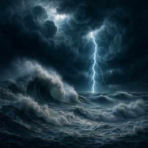 Investida da Tempestade: Relâmpagos Sobre o Mar Rugente