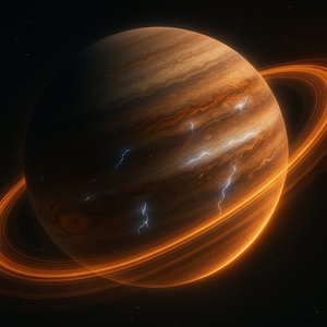 嵐帯と稲妻を伴う、環を持つ巨大ガス惑星