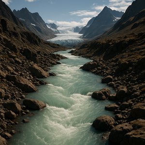 Turquoise Glacier River Through a Rocky Greenland Valley