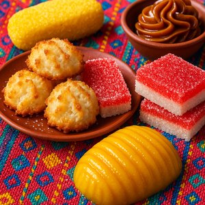 Vibrant Assortment of Venezuelan Sweets on Festive Textile