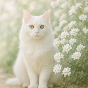White Turkish Angora Among Blooming Whites