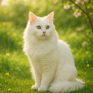 White Turkish Angora in a Sunlit Spring Garden