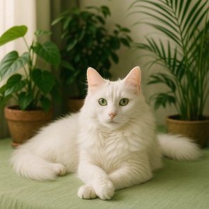 White Turkish Angora Relaxing Among Indoor Plants