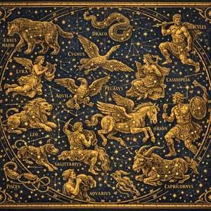 Carte céleste ancienne — constellations dorées sur bleu profond