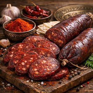 Sujuk armenio (Sujuk) — Embutido seco en lonchas con glaseado intenso de pimentón