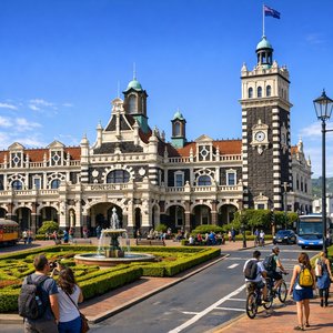 Bahnhof Dunedin an einem klaren, blauen Tag