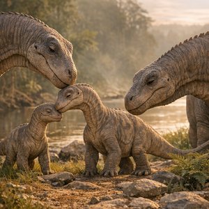 Soirée au bord de la rivière : la famille de dinosaures au repos