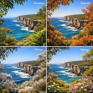 Cuatro estaciones en el Parque Nacional Royal: acantilados costeros y vistas al océano