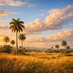 Savane cubaine dorée au coucher du soleil