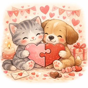 心あたたまるパズル:猫と犬のバレンタイン