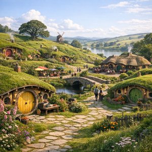 Làng Hobbiton dưới ánh sáng ban ngày dịu nhẹ