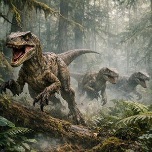 Chasse dans la brume : meute de vélociraptors en mouvement