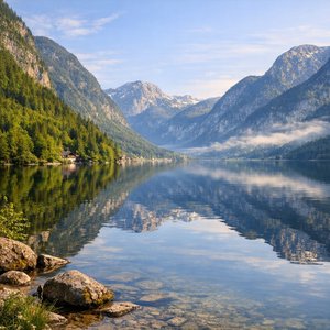 Morning Calm at Hallstatt: Alpine Lake Reflection