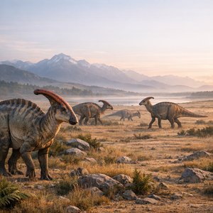 Troupeau matinal de Parasaurolophus sur une plaine brumeuse