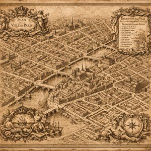 Plan de la Ville — antike Vogelperspektive (Sepia, Stil der 1700er Jahre)