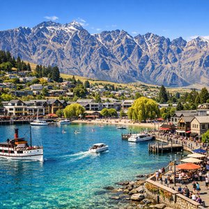 Orilla del lago de Queenstown con The Remarkables