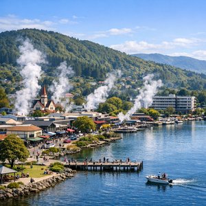 Rotorua, pueblo junto al lago en un día fresco